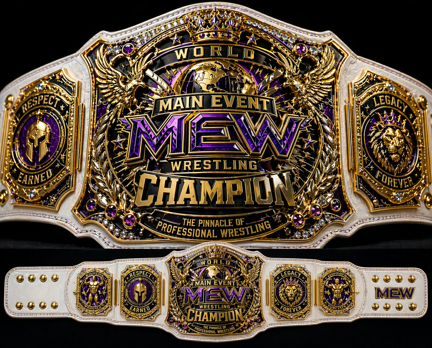MEW World Main Event Wrestling Champion Replica Title Belt – Premium White Strap Edition with Purple & Gold Plating