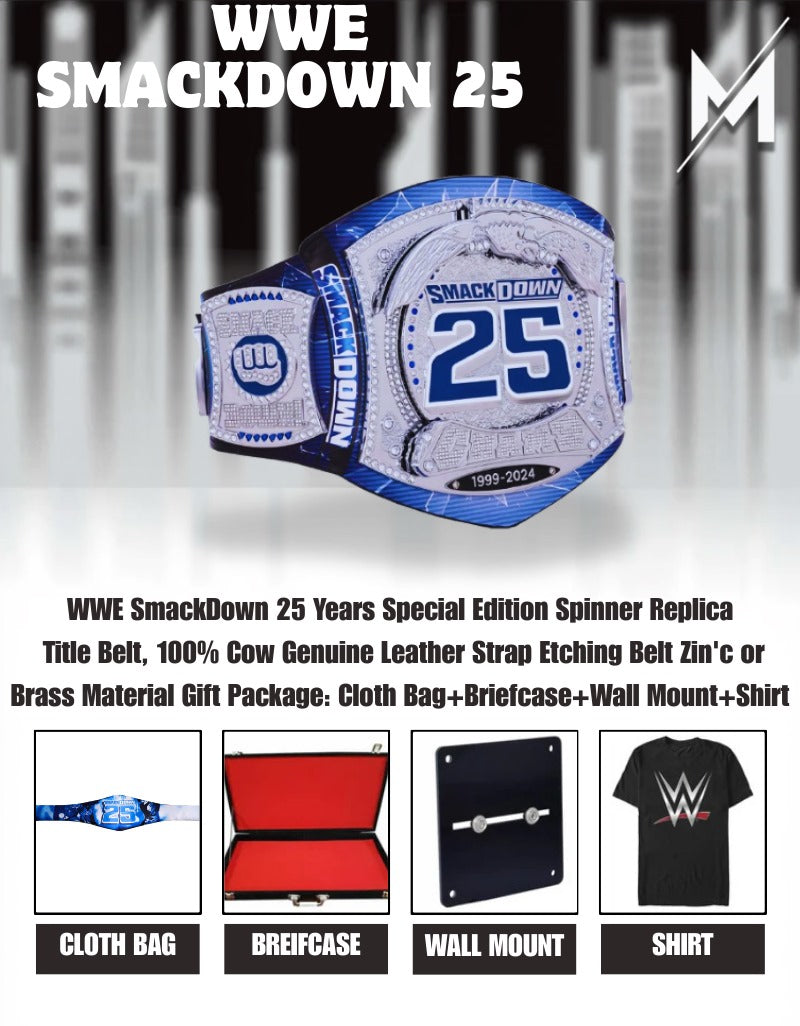 WWE SmackDown 25 Years Special Edition Spinner Replica Titelgürtel | WWE Sammlerstück | Riemen aus echtem Rindsleder | Ätzgürtel