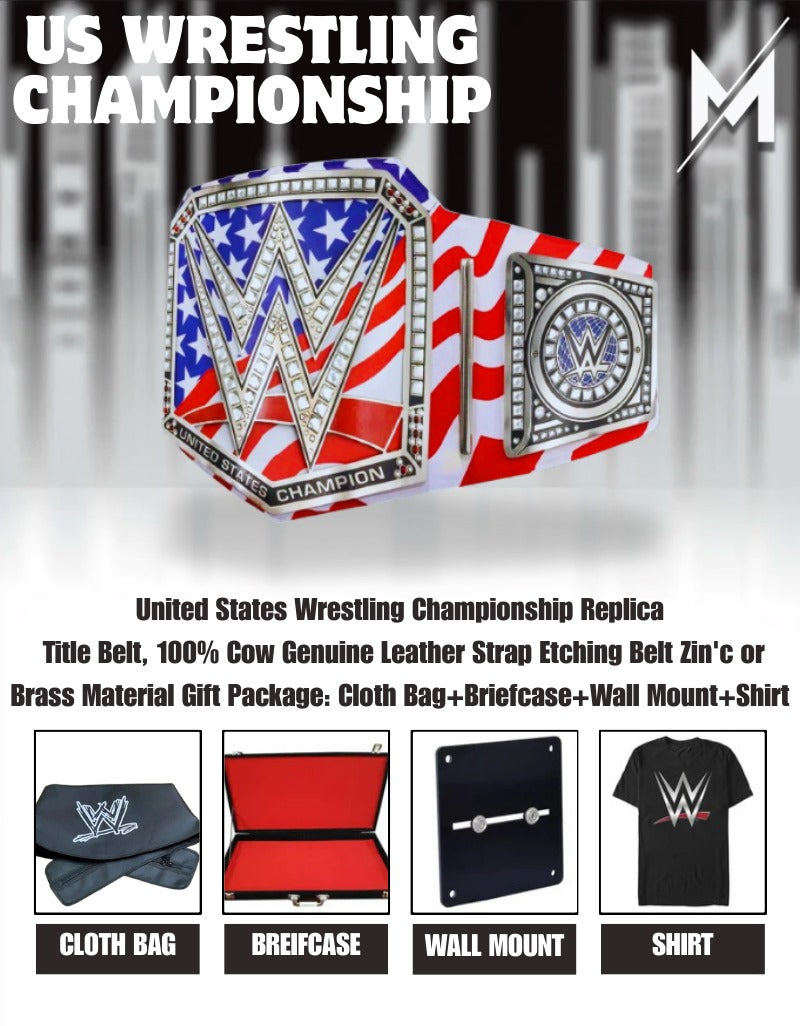 Titelgürtel der United States Wrestling Championship | WWE-Sammlerstück | Riemen aus echtem Rindsleder | Ätzgürtel