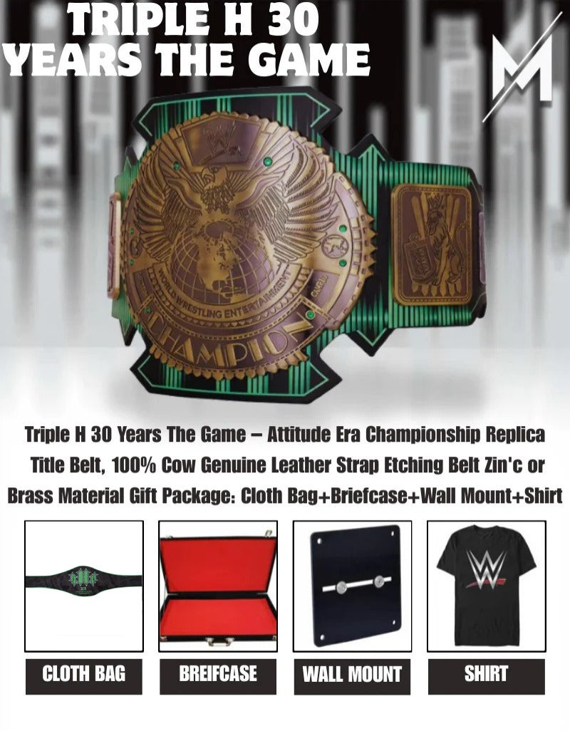Triple H 30 Years The Game – Attitude Era Championship Titelgürtel | WWE Sammlerstück | | Riemen aus echtem Rindsleder | Ätzgürtel