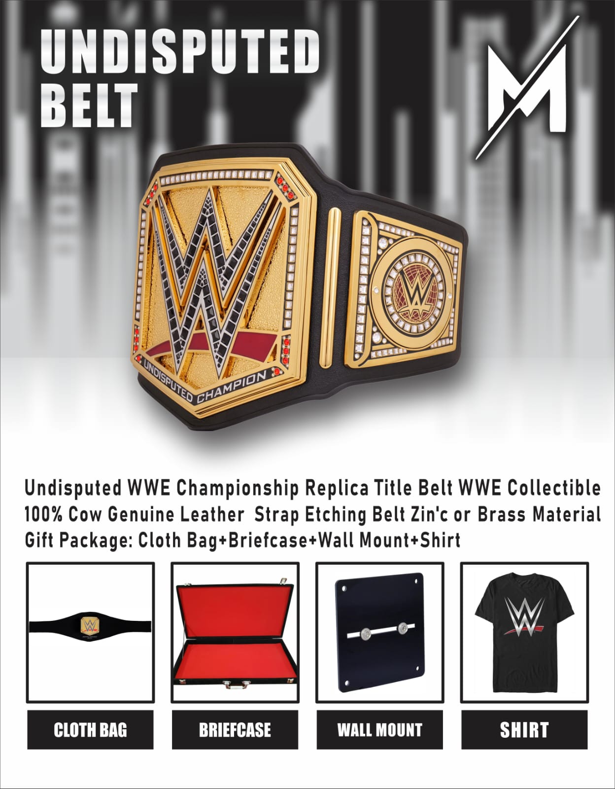 Undisputed WWE Championship Replika-Titelgürtel | WWE Sammlerstück | Riemen aus echtem Rindsleder | Ätzgürtel