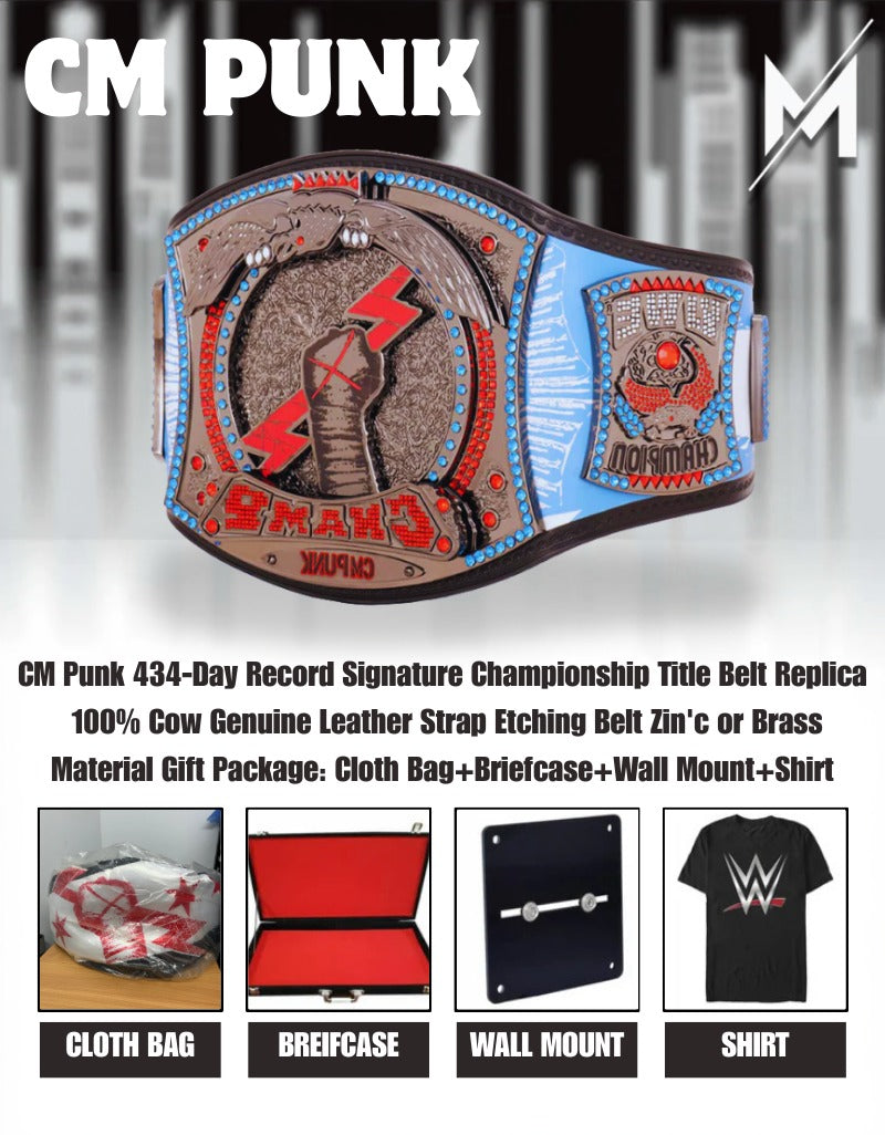 CM Punk 434-Day Record Signature Championship Titelgürtel Replik | WWE Sammlerstück | Riemen aus echtem Rindsleder | Ätzgürtel