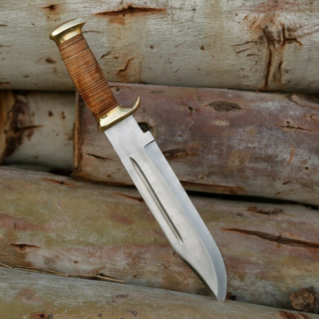Handgemachtes Bowie Langes Jagdmesser Edelstahlmesser, Feststehendes Jagdmesser, Outdoor Campingmesser, Survivalmesser, großes Bowiemesser mit Lederscheide