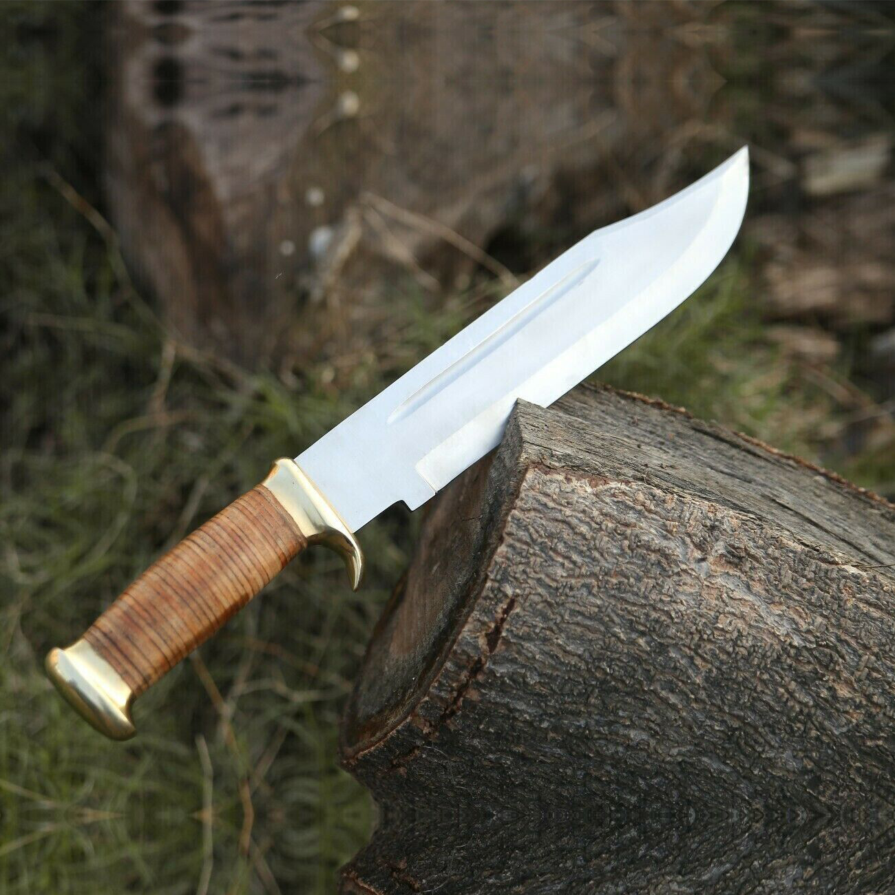 Handgemachtes Bowie Langes Jagdmesser Edelstahlmesser, Feststehendes Jagdmesser, Outdoor Campingmesser, Survivalmesser, großes Bowiemesser mit Lederscheide