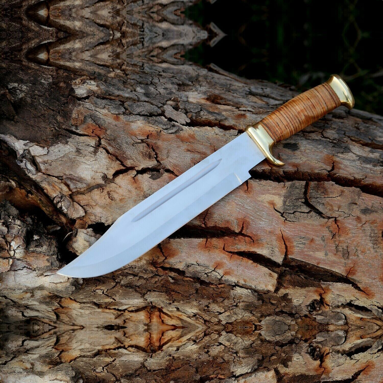 Handgemachtes Bowie Langes Jagdmesser Edelstahlmesser, Feststehendes Jagdmesser, Outdoor Campingmesser, Survivalmesser, großes Bowiemesser mit Lederscheide