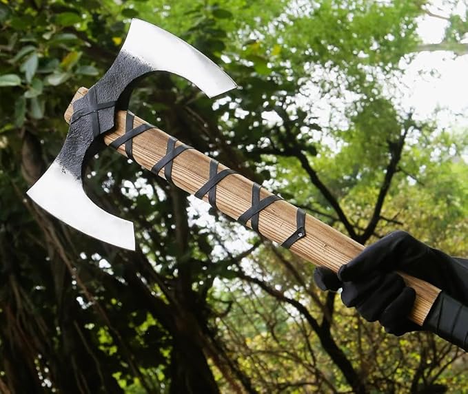 Handgeschmiedete doppelköpfige Wikingeraxt – Handgemachte Berserkeraxt für die Waldjagd und Outdoor-Abenteuer
