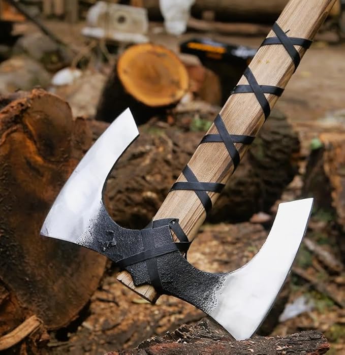 Handgeschmiedete doppelköpfige Wikingeraxt – Handgemachte Berserkeraxt für die Waldjagd und Outdoor-Abenteuer