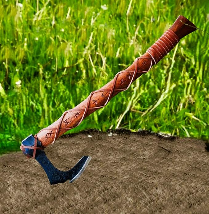 Handgemachte Wikingeraxt mit Runengravur aus Kohlenstoffstahl, Wikinger-Jagd- und Campingaxt 