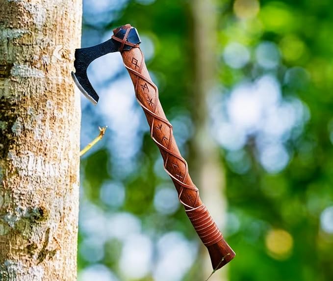 Handgemachte Wikingeraxt mit Runengravur aus Kohlenstoffstahl, Wikinger-Jagd- und Campingaxt 