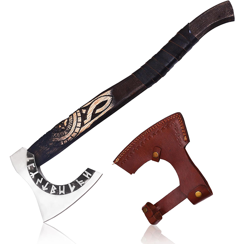 Handgefertigte Wikinger-Beilaxt | Bartaxt, Campingaxt, Tomahawk-Streitaxt | Wikingeraxt aus Kohlenstoffstahl mit geschnitzter Runengravur
